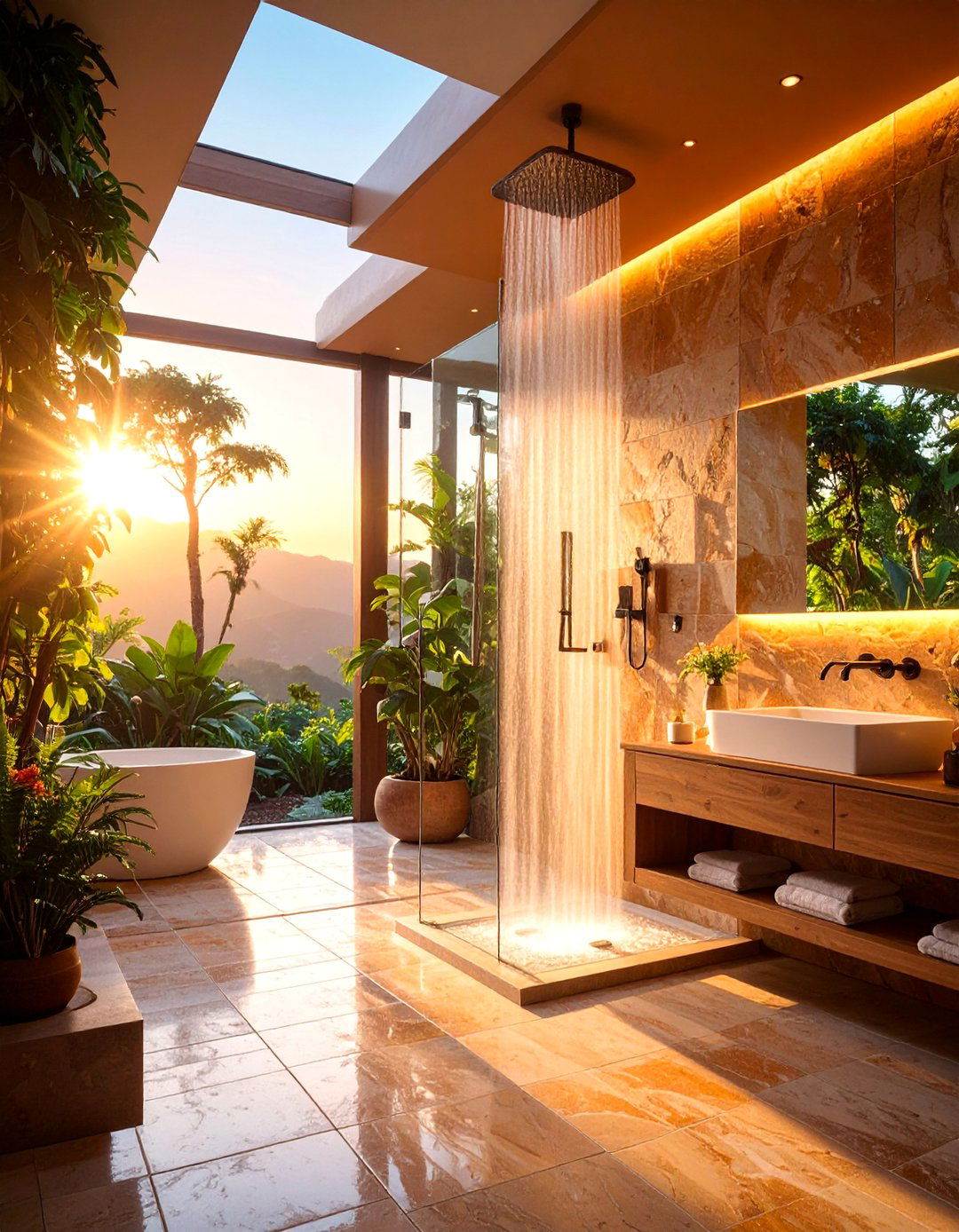 Travertine Walk In Shower Oasis with Multiple Features - 25 Travertine Tile Bathroom Ideas