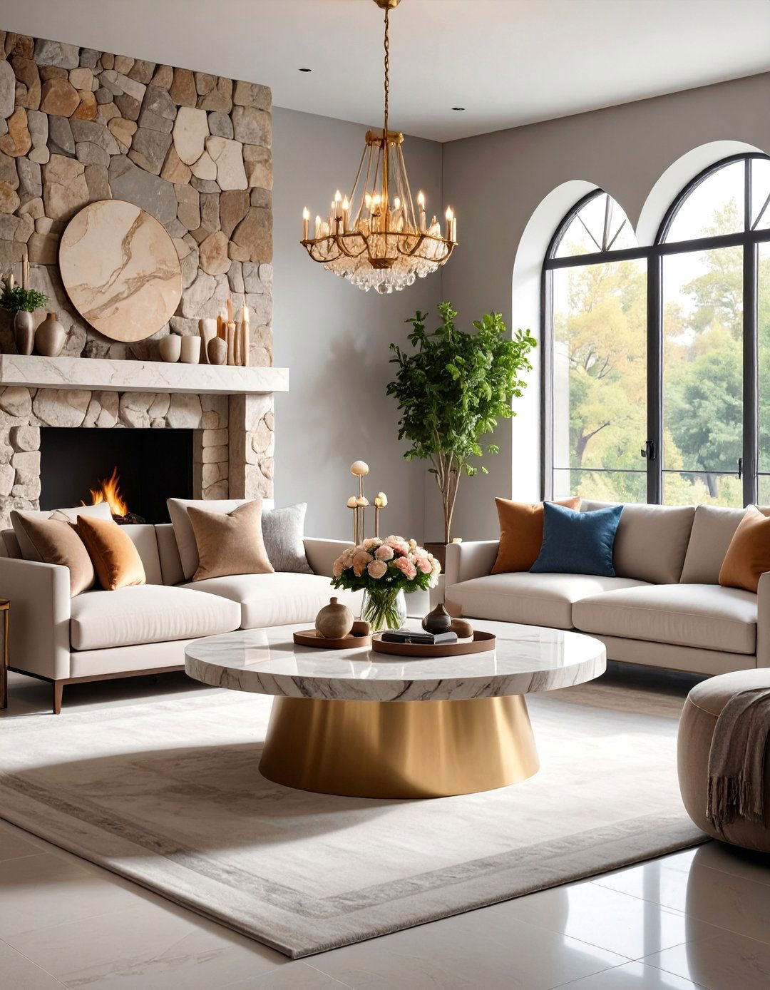 Travertine and Natural Stone Elements Living Room - 25 Organic Modern Living Room Design Ideas