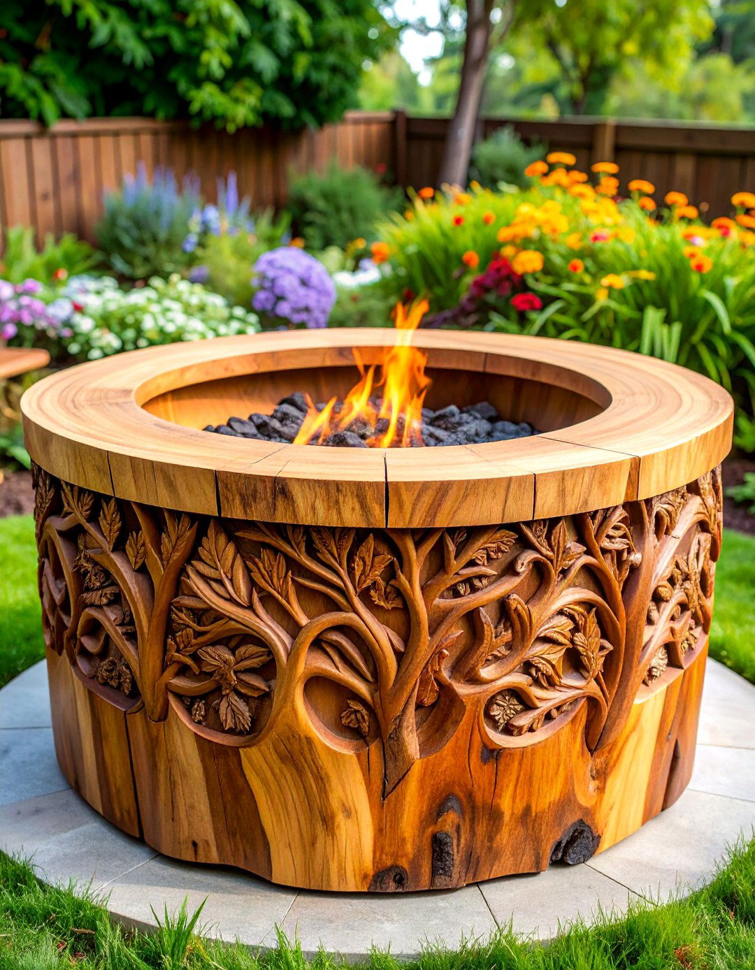Tree Stump Fire Pit with Artistic Wood Carving - 25 Tree Stump Fire Pit Ideas