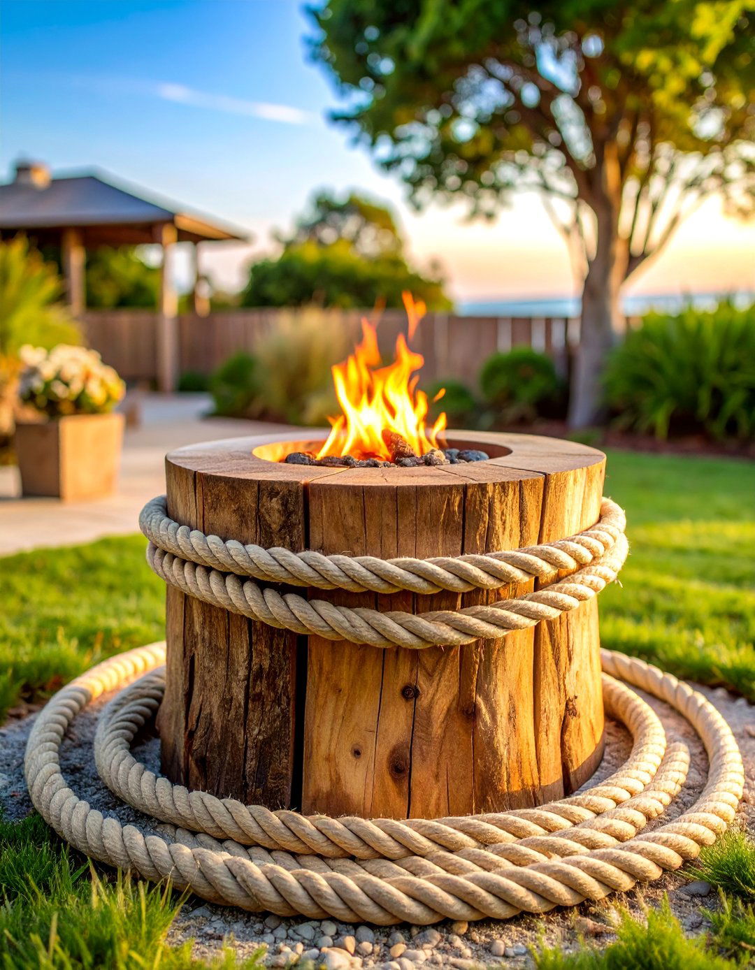 Tree Stump Fire Pit with Rope Handle Details - 25 Tree Stump Fire Pit Ideas