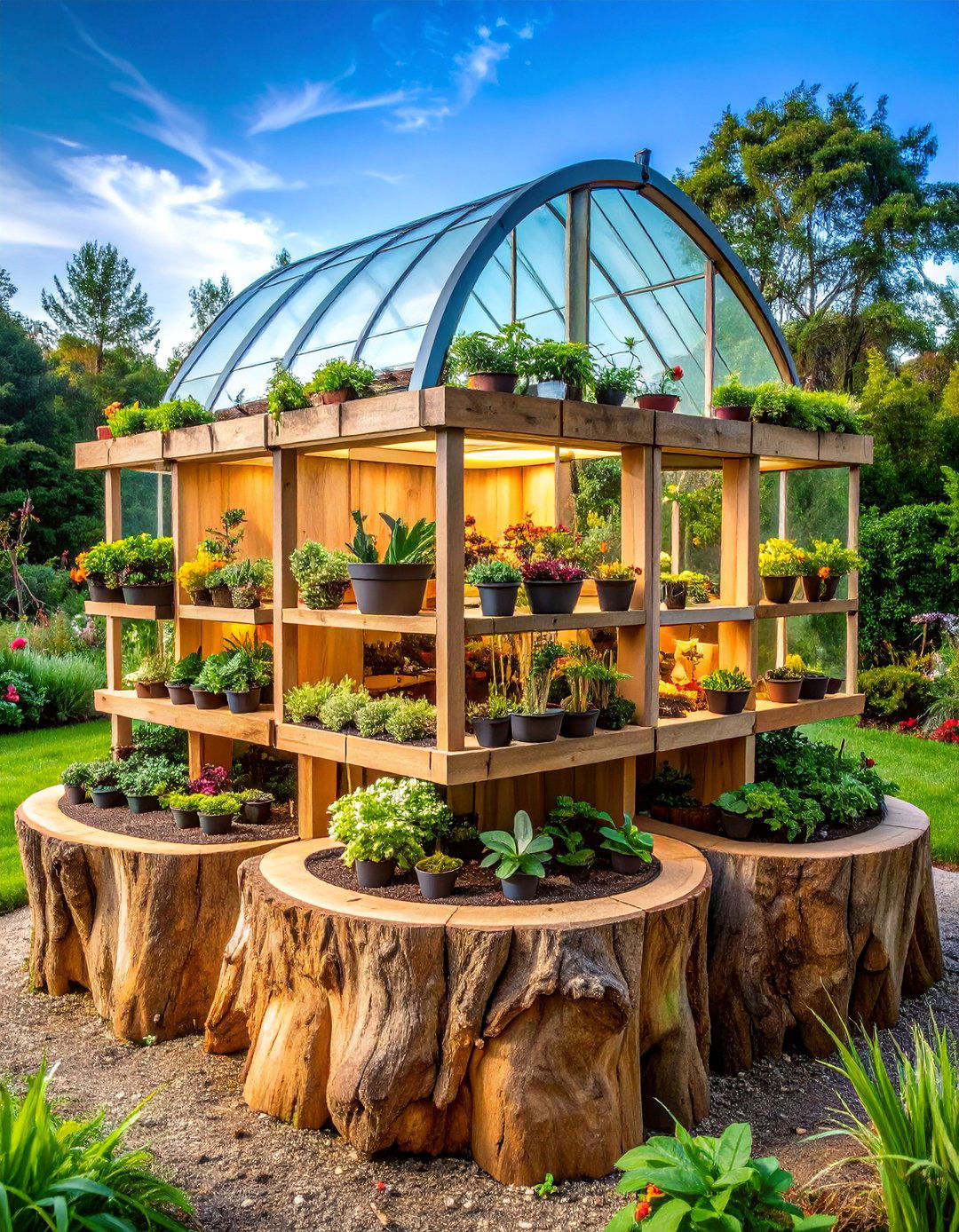Tree Stump Greenhouse Propagation Station - 25 Tree Stump Decorating Ideas
