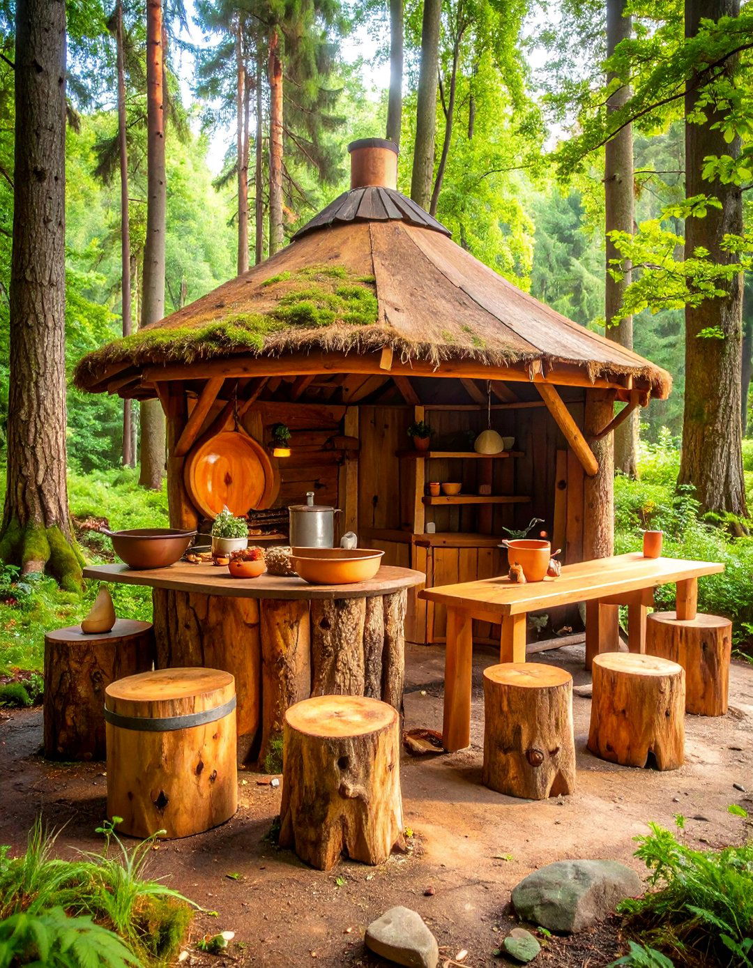 Tree Stump Mud Kitchen with Natural Materials - 25 Mud Kitchen Ideas