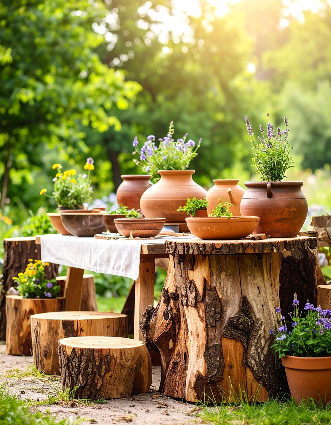 Tree Stump Natural Mud Kitchen with Log Seating - 25 Mud Kitchen Ideas for Kids
