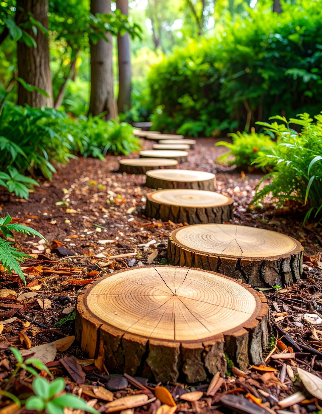Tree Trunk Stepping Stones Through Bark Mulch - 25 Garden Path Ideas