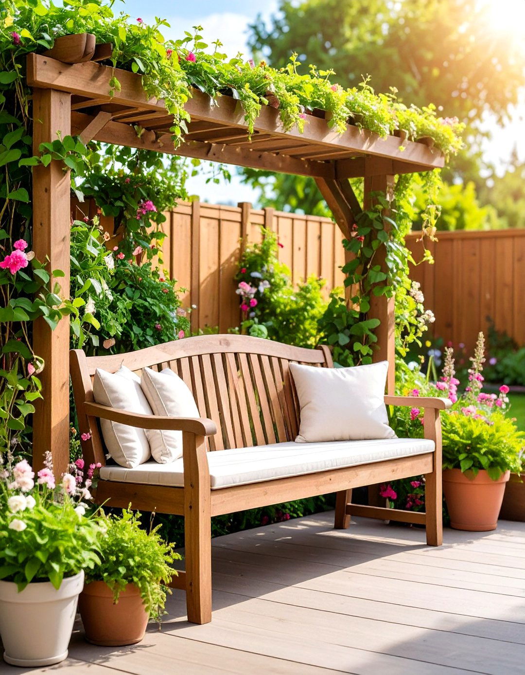 Trellis Bench with Climbing Plants - 25 Built-in Deck Bench Ideas and Designs
