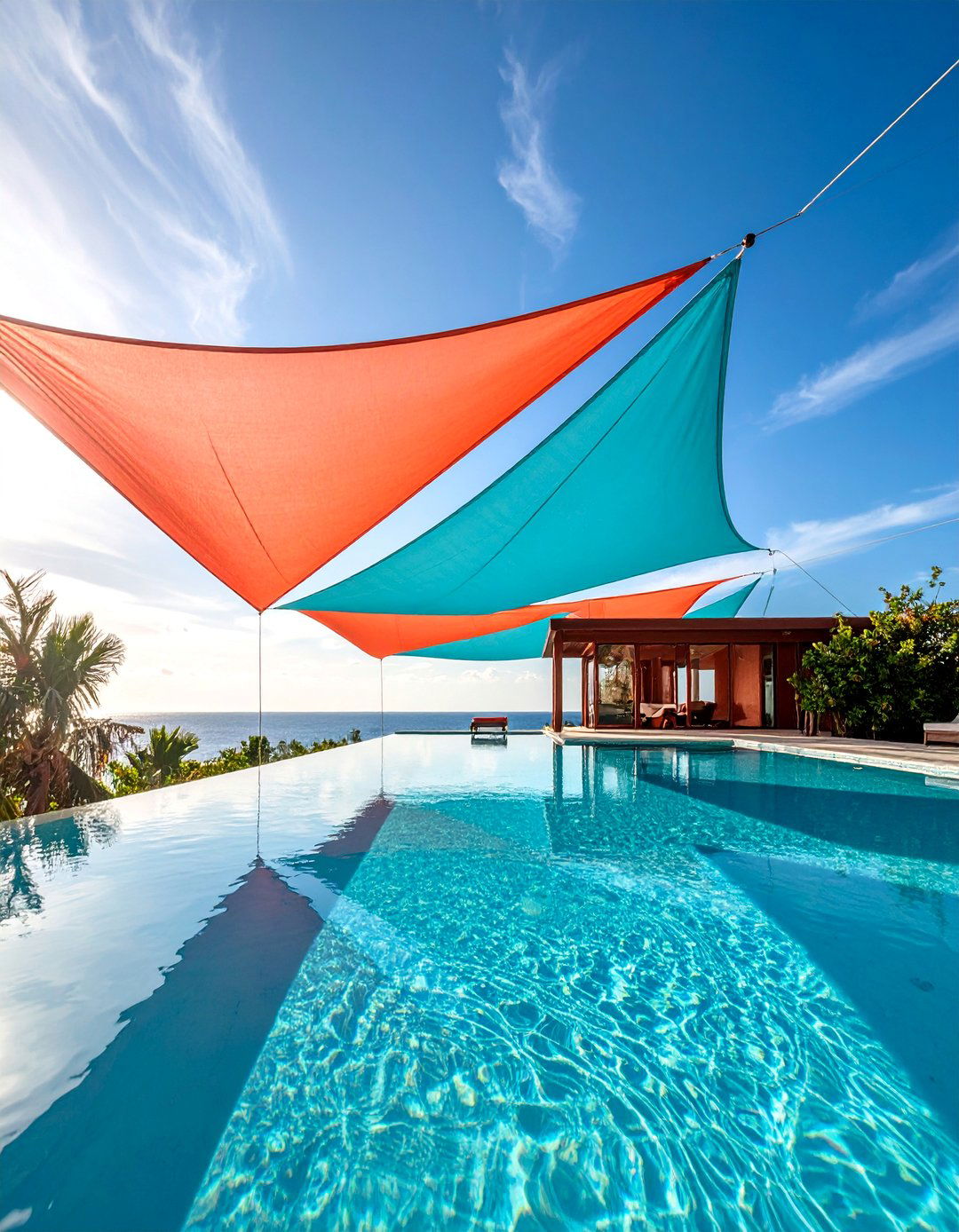 Triangular Shade Sail Installation Over Deep End - 25 Pool Shade Ideas