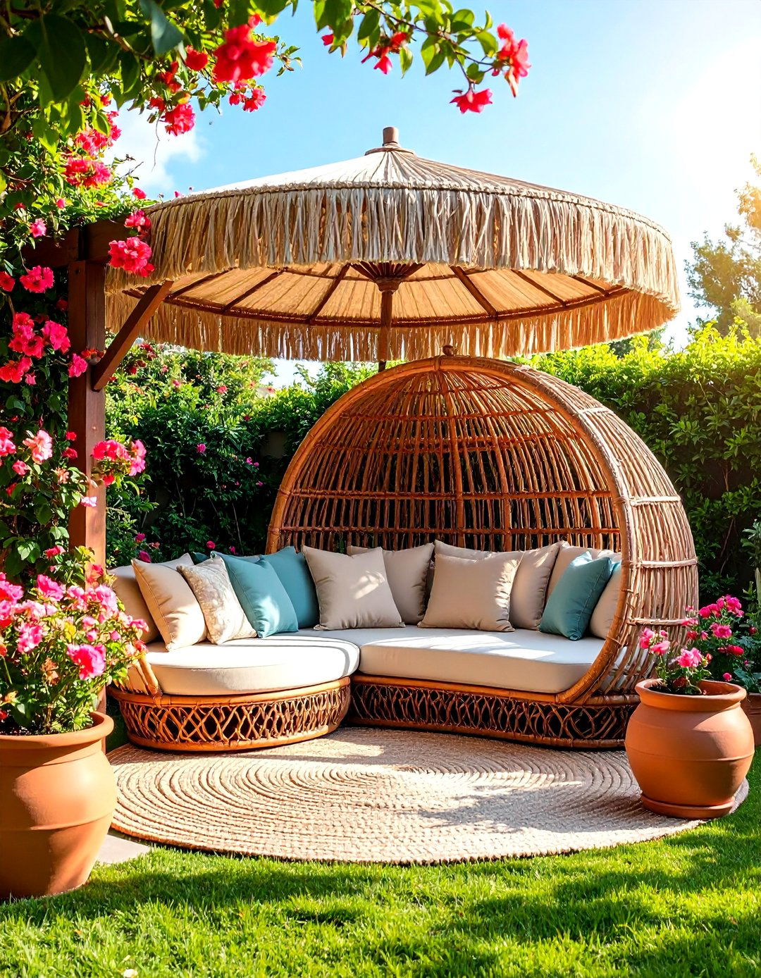 Tropical Backyard Rattan Conversation Nook - 25 Tropical Backyard Ideas