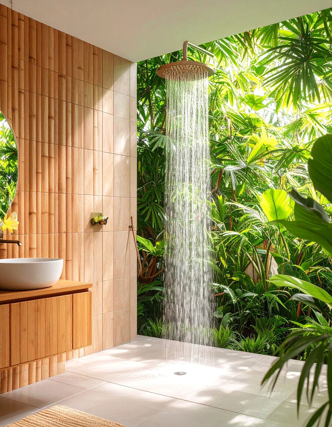 Tropical Bamboo Look Shower Wall with Natural Warmth - 25 Shower Wall Ideas