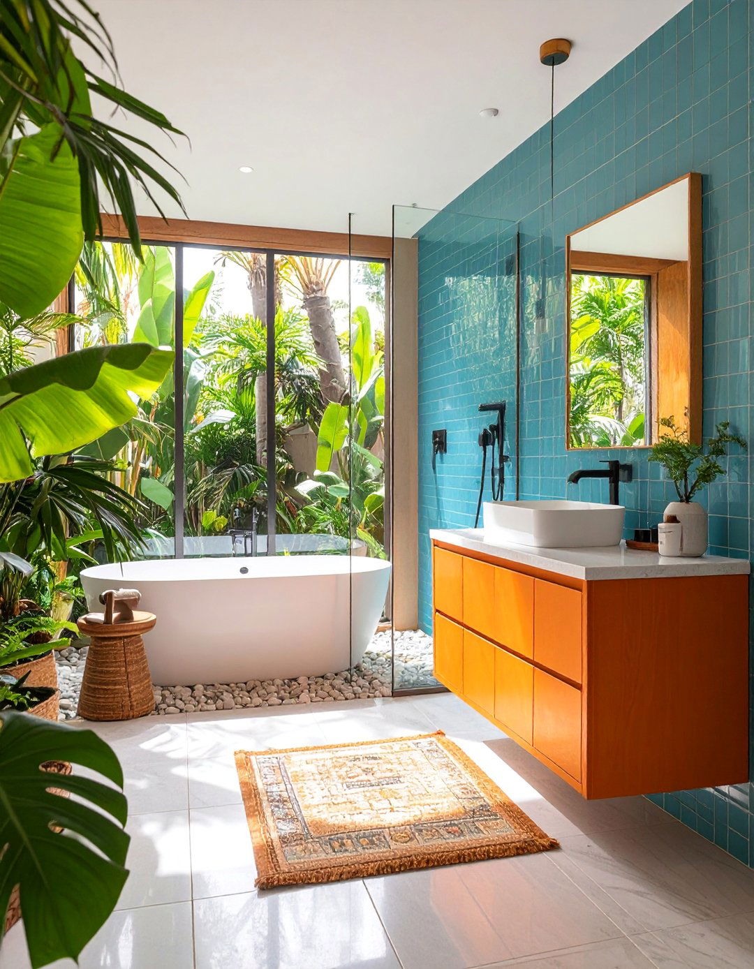 Tropical Bathroom with Orange Accents and Teal Shower - 25 Teal and Orange Color Scheme for Your Rooms