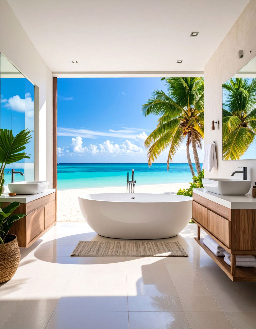 Tropical Beach Paradise with Palm Trees - 25 Bathroom Mural Ideas