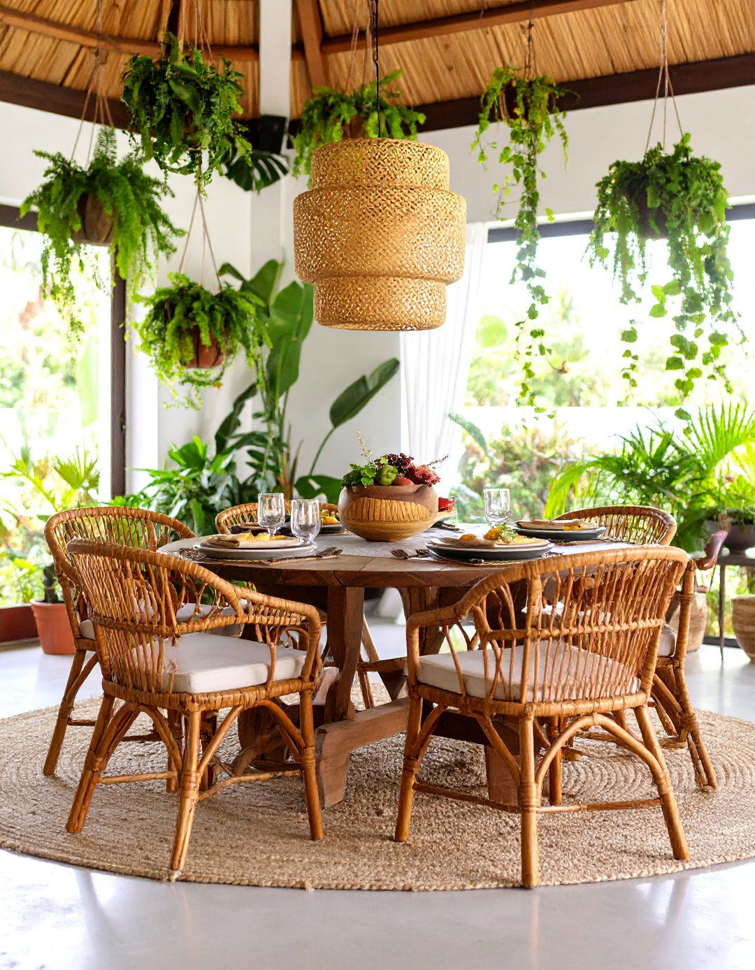 Tropical Boho Dining Room with Lush Greenery - 25 Boho Dining Room Ideas