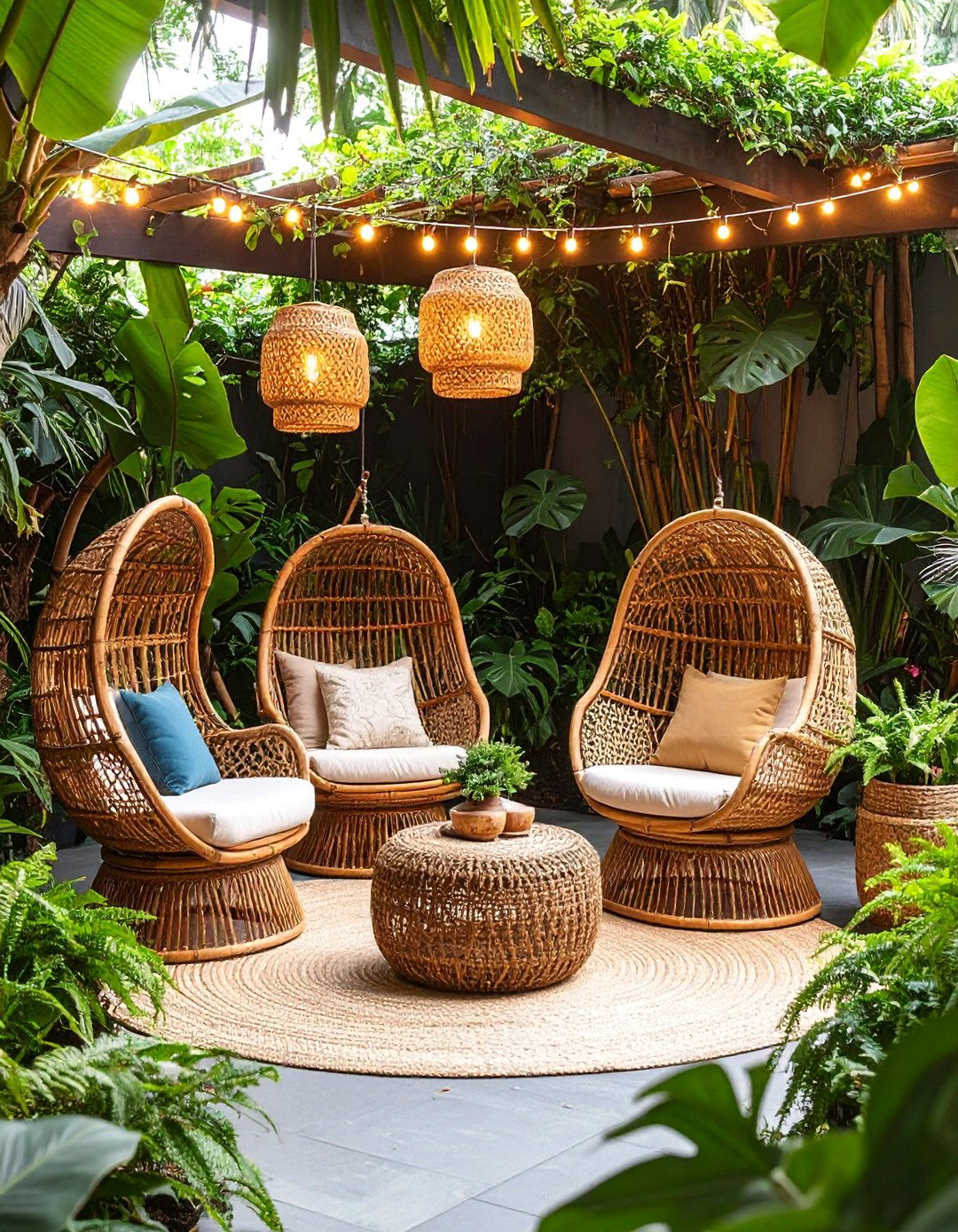 Tropical Boho Patio with Rattan Peacock Chairs - 25 Boho Patio Ideas