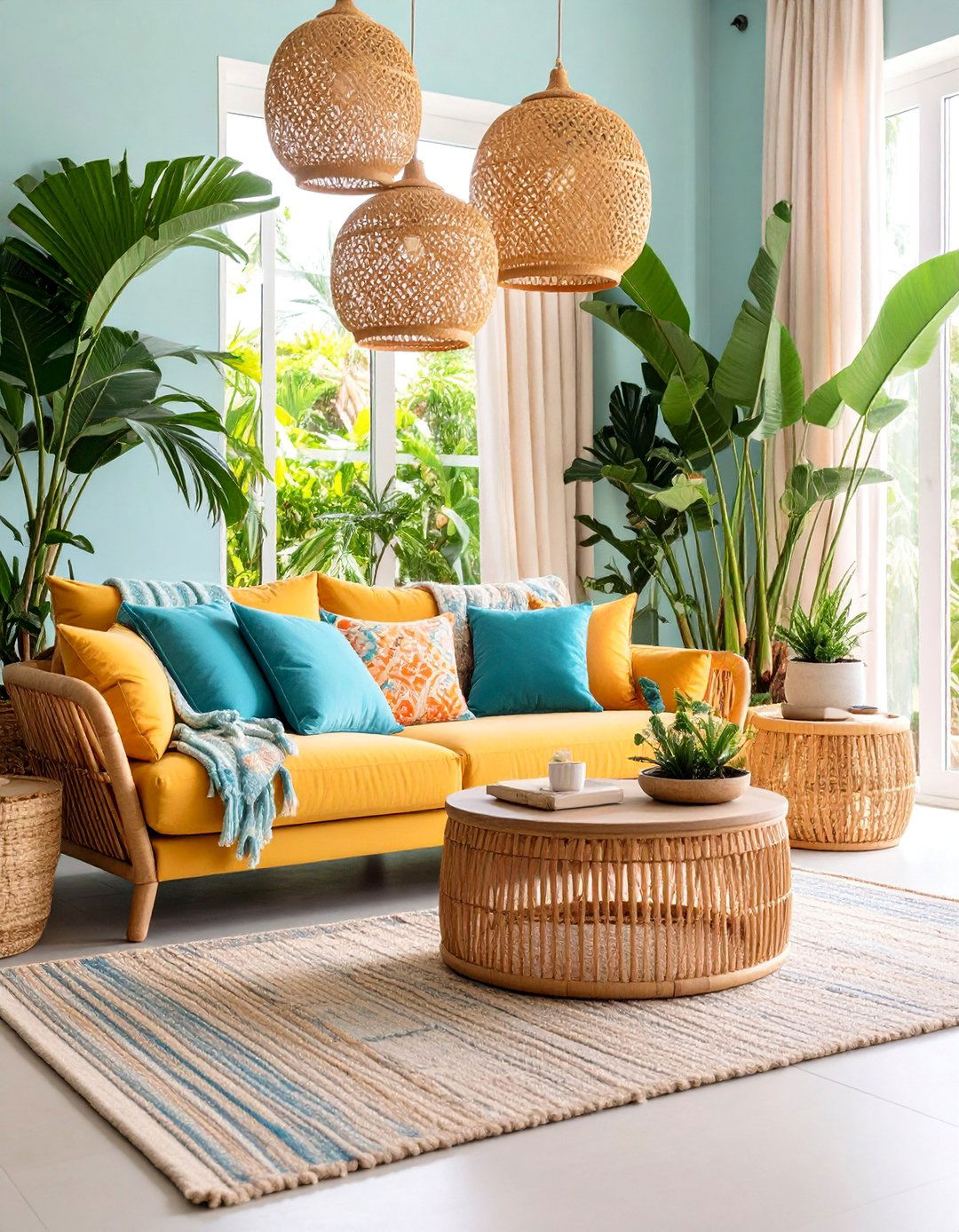 Tropical Coastal Yellow Sofa with Natural Textures - 25 Yellow Couch Living Room Ideas