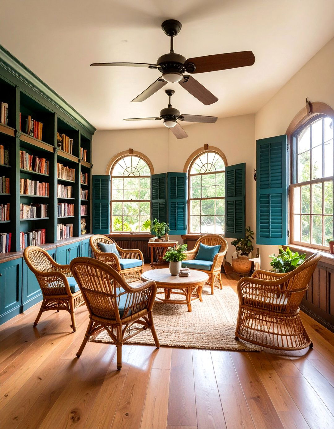 Tropical Colonial Library with Green Plantation Shutters - 25 Dark Green Home Library Ideas and Inspiration