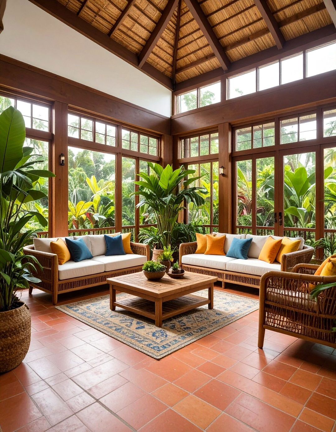 Tropical Conservatory with Coral Brick Flooring - 25 Brick Floor Sunroom Ideas