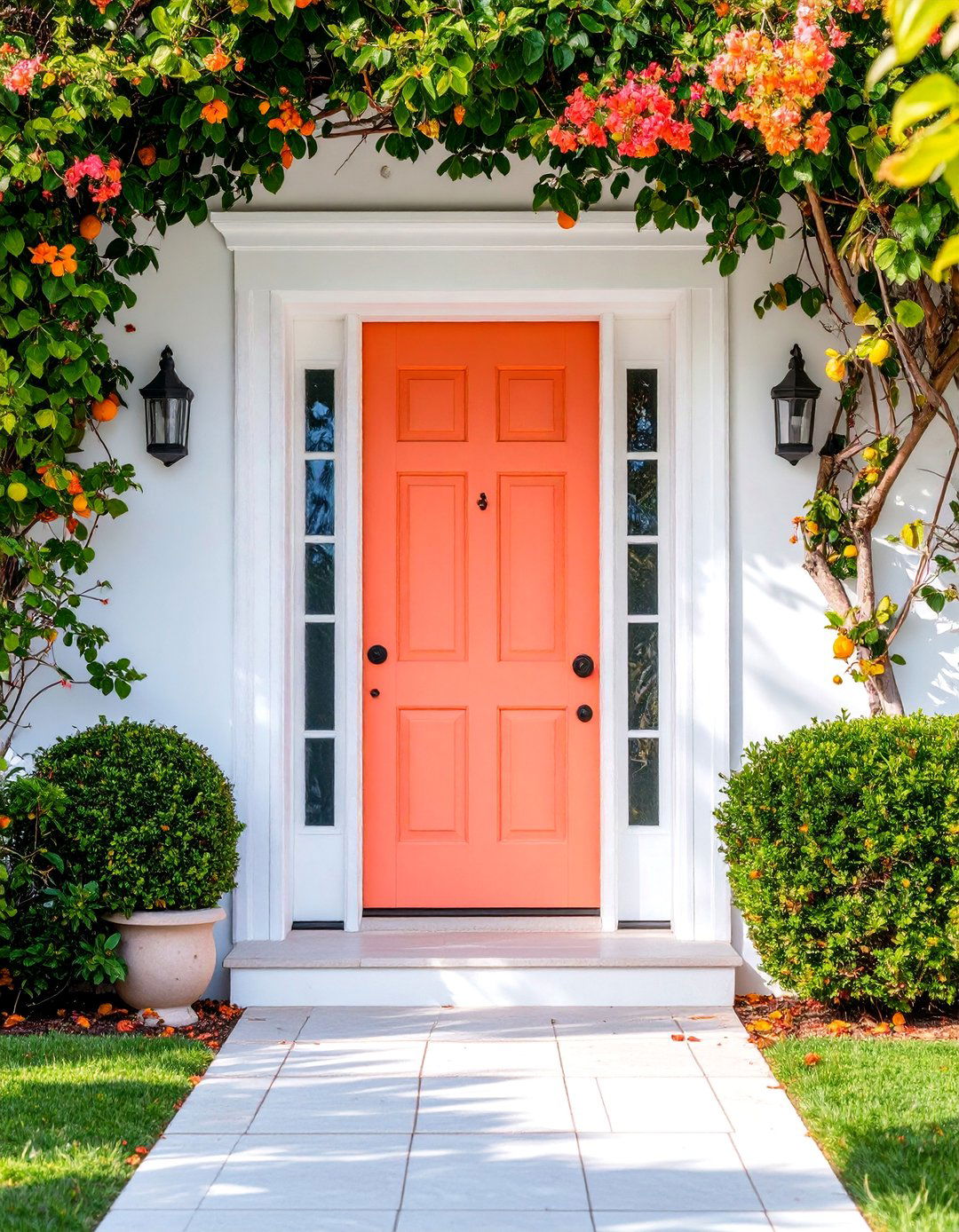 Tropical Coral Door with White Trim - 25 Door Painting Ideas