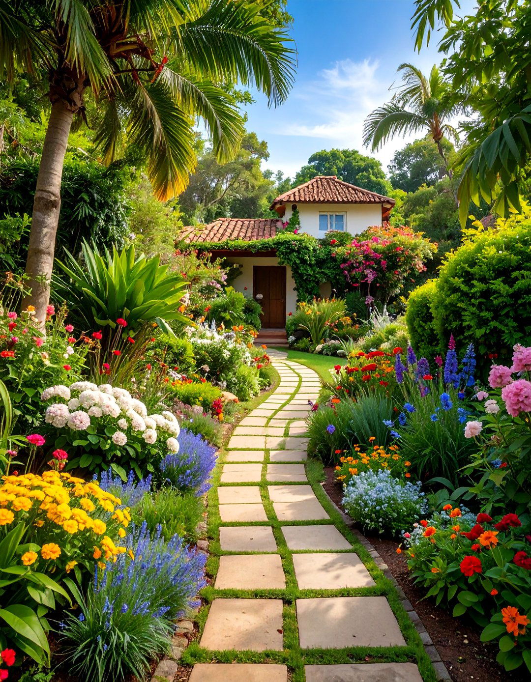 Tropical Cottage Garden with Mixed Flowering Plants - 25 South Florida Landscaping Ideas