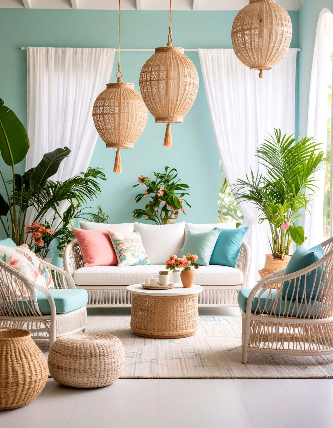 Tropical Cottage Living Room with White Wicker Furniture - 25 Tropical Living Room Ideas