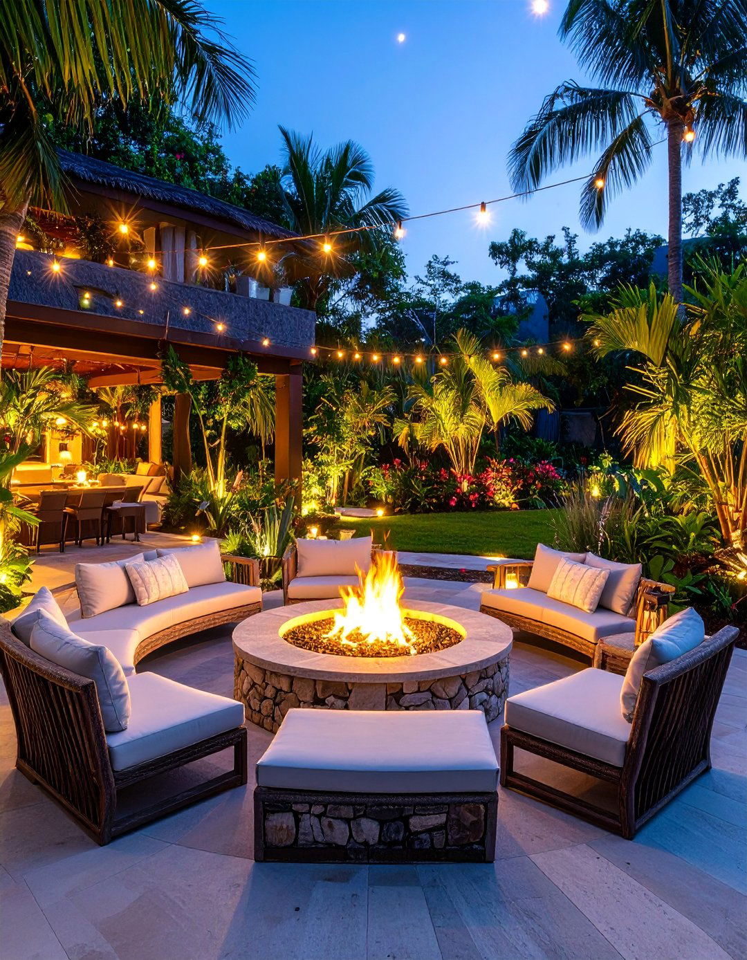 Tropical Fire Pit Gathering Space with Evening Blooming Plants - 25 Tropical Landscape Ideas
