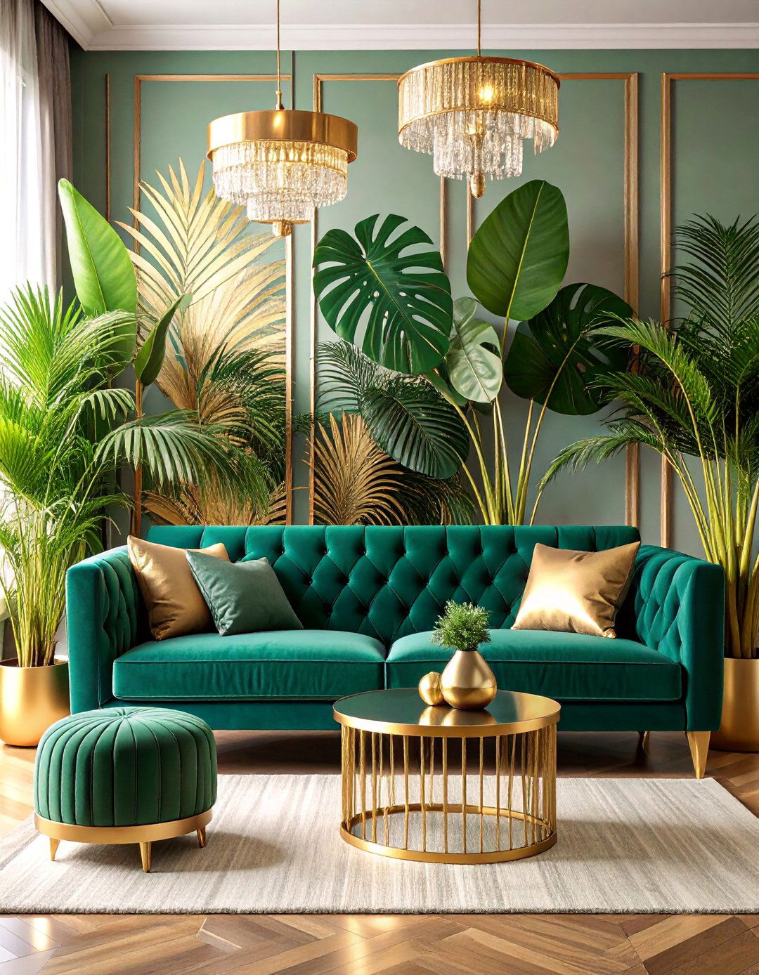 Tropical Glam Living Room with Metallic Gold Accents - 25 Tropical Living Room Ideas