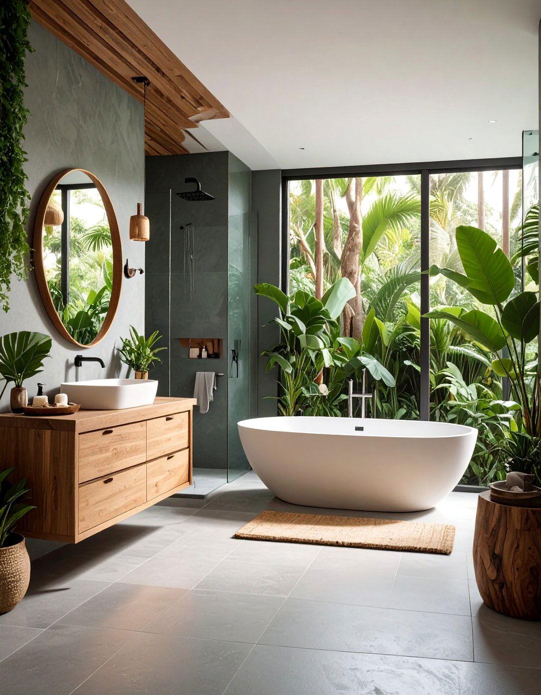 Tropical Gray Floor Bathroom with Natural Wood Elements - 25 Gray Floor Bathroom Ideas