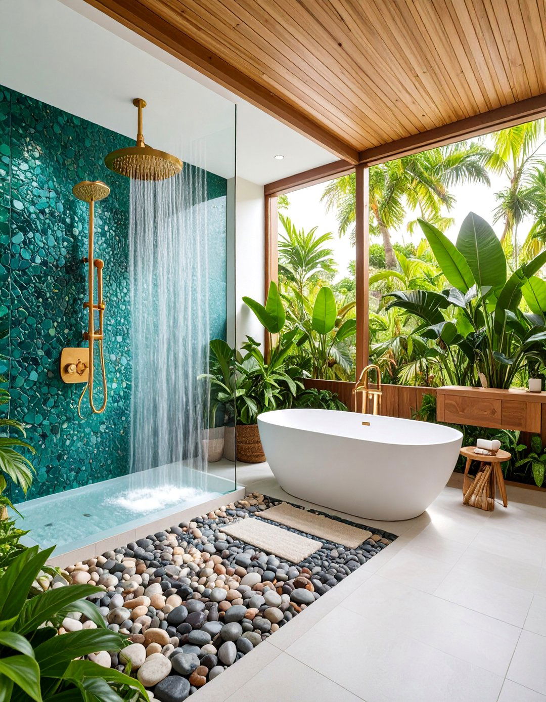 Tropical Green Pebble Accent Shower - 25 Pebble Tile Bathroom Ideas