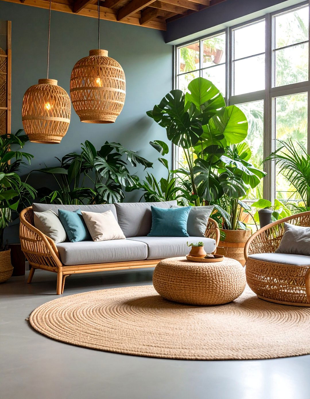 Tropical Grey Sofa Living Room with Lush Plants and Natural Textures - 25 Grey Couch Living Room Ideas