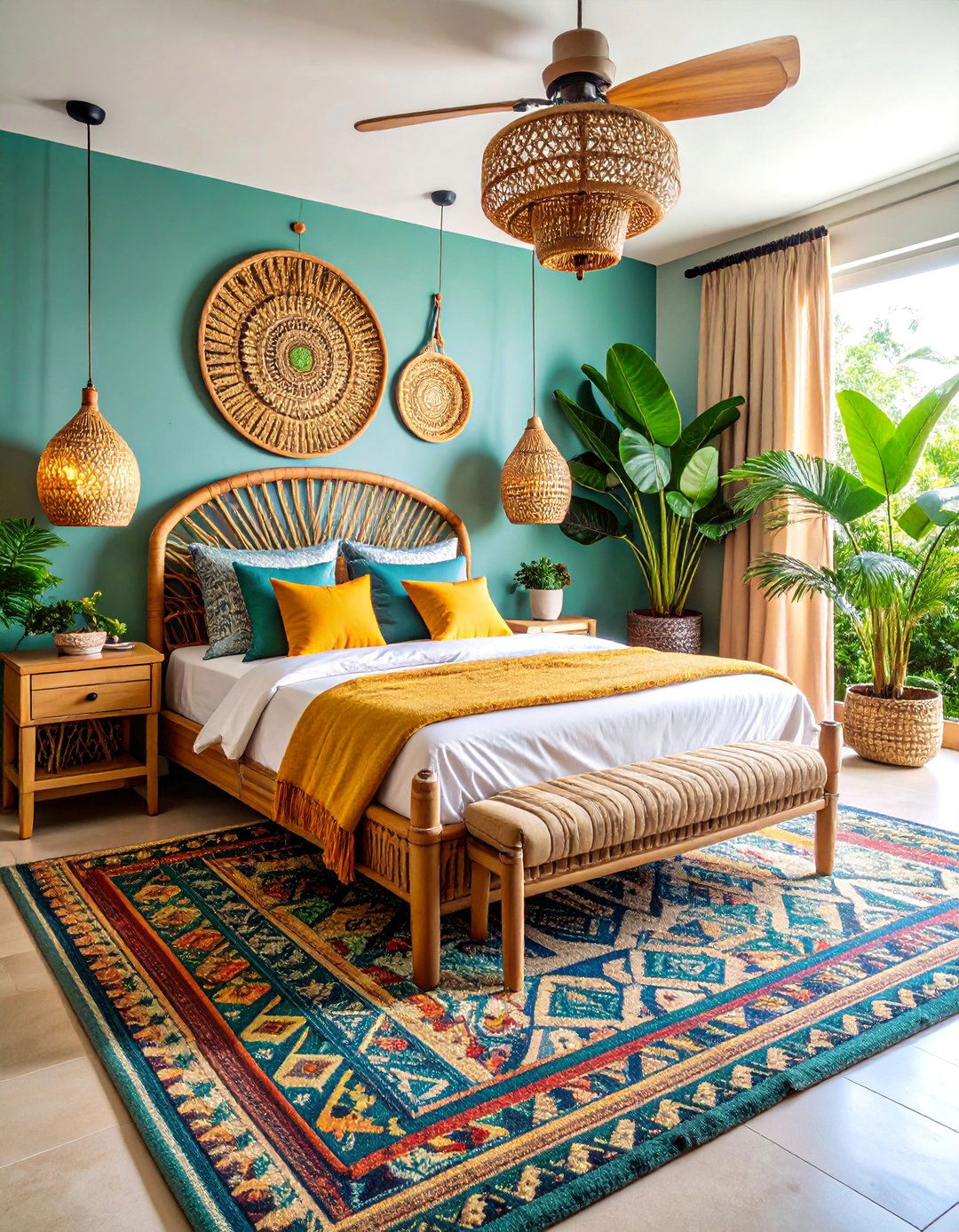 Tropical Inspired Bedroom with Natural Fibers and Lush Greenery - 25 Large Bedroom Design Ideas