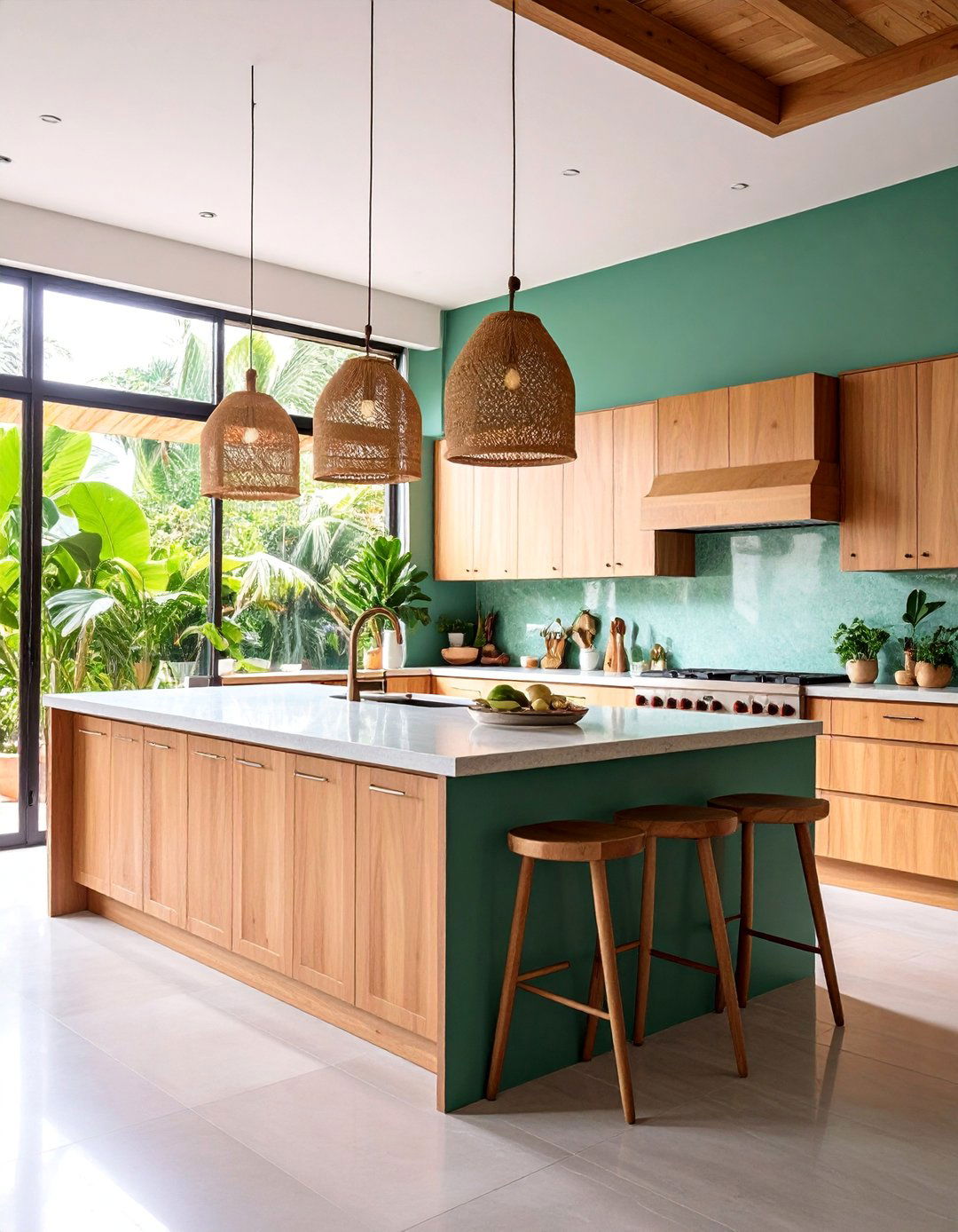 Tropical Kitchen with Jade Green Concrete Countertops - 25 Kitchen With Green Countertops Ideas