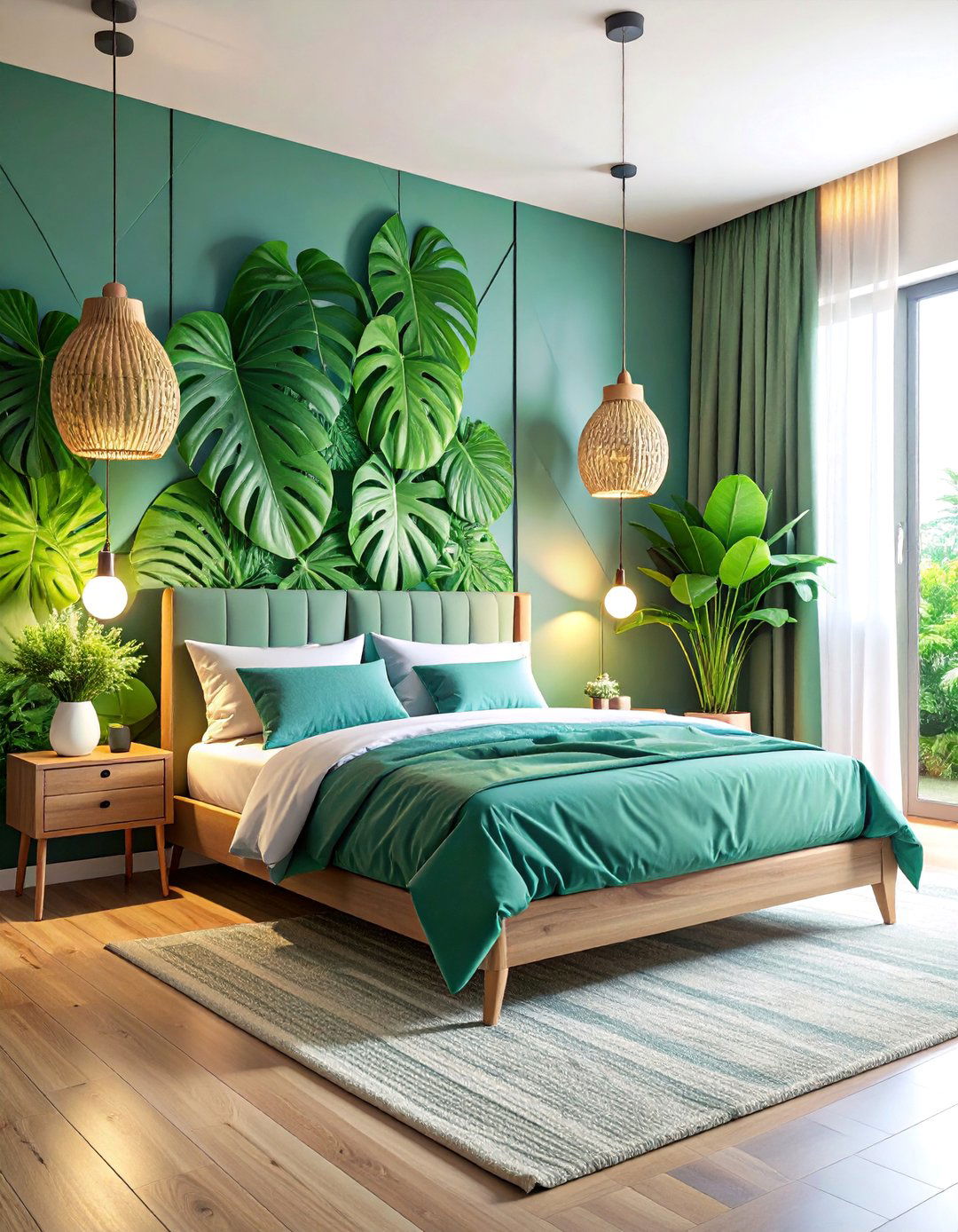 Tropical Leaf Overlaid Geometric Accent Wall - 25 Geometric Accent Wall Ideas
