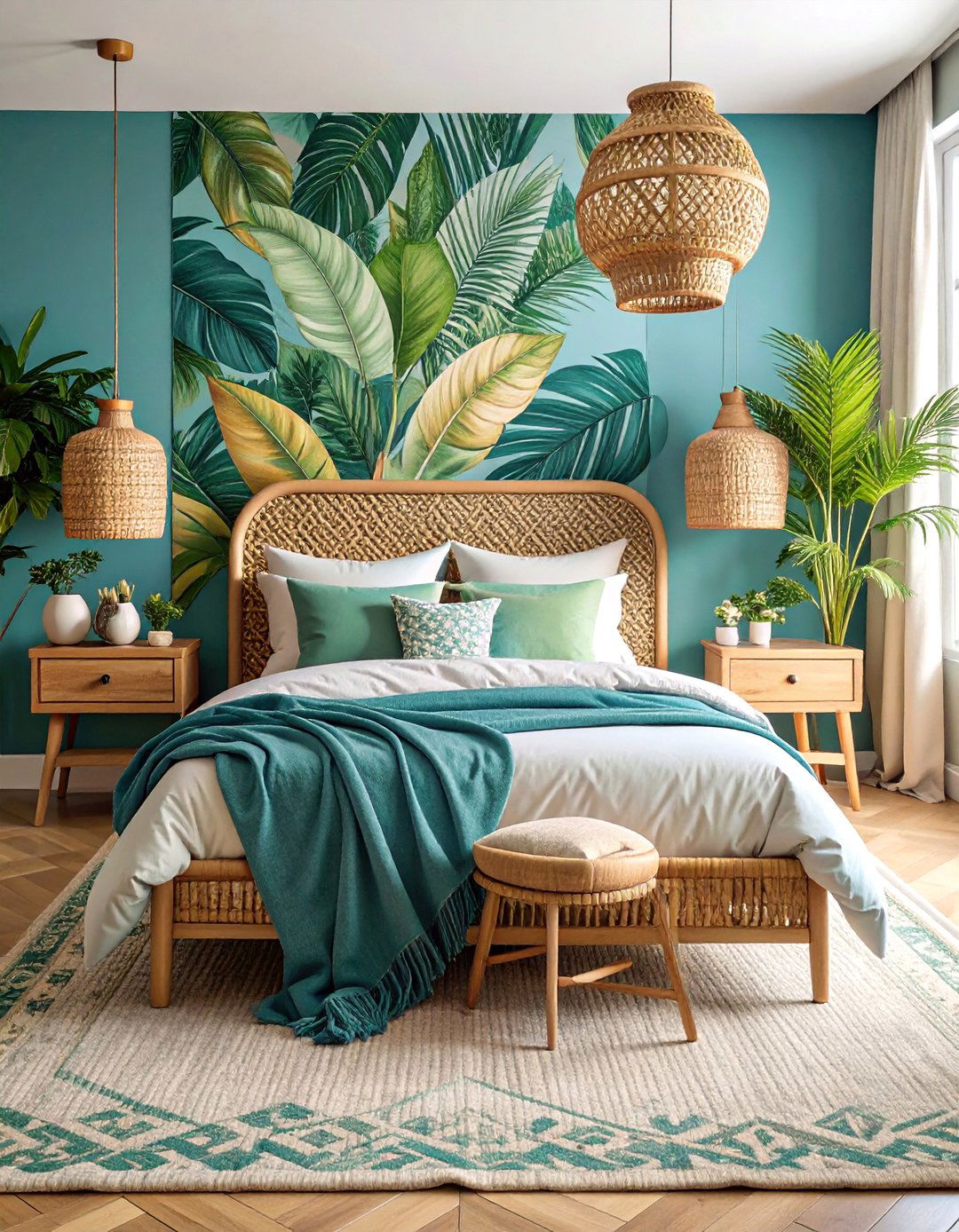 Tropical Leaf Print Accent Wall Bedroom - 25 Hawaiian Interior Design Ideas