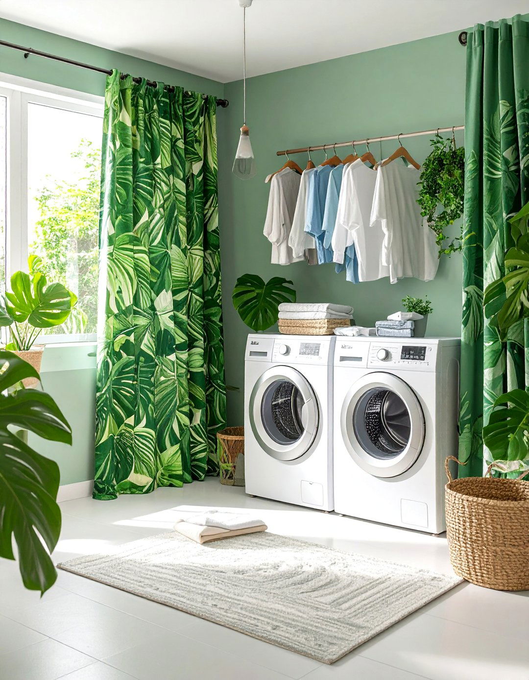Tropical Leaf Print Curtains for Spa Like Serenity - 25 Laundry Room Curtain Ideas