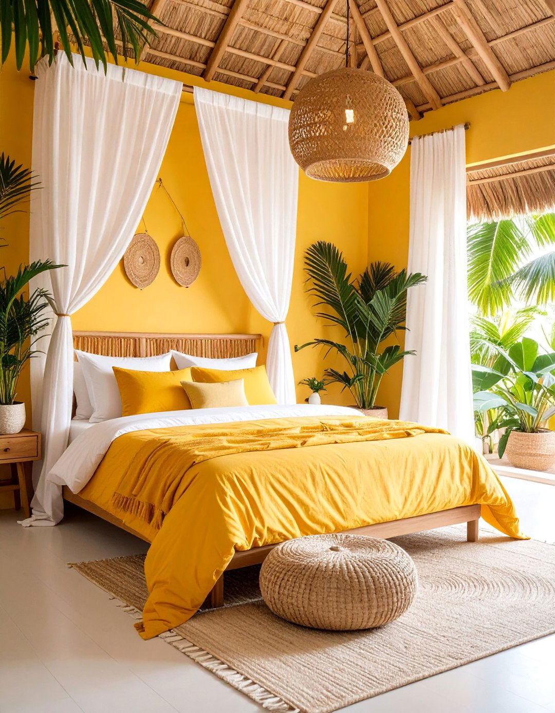 Tropical Lemon Paradise Bedroom with Palm Patterns - 25 Lemon Bedroom Ideas