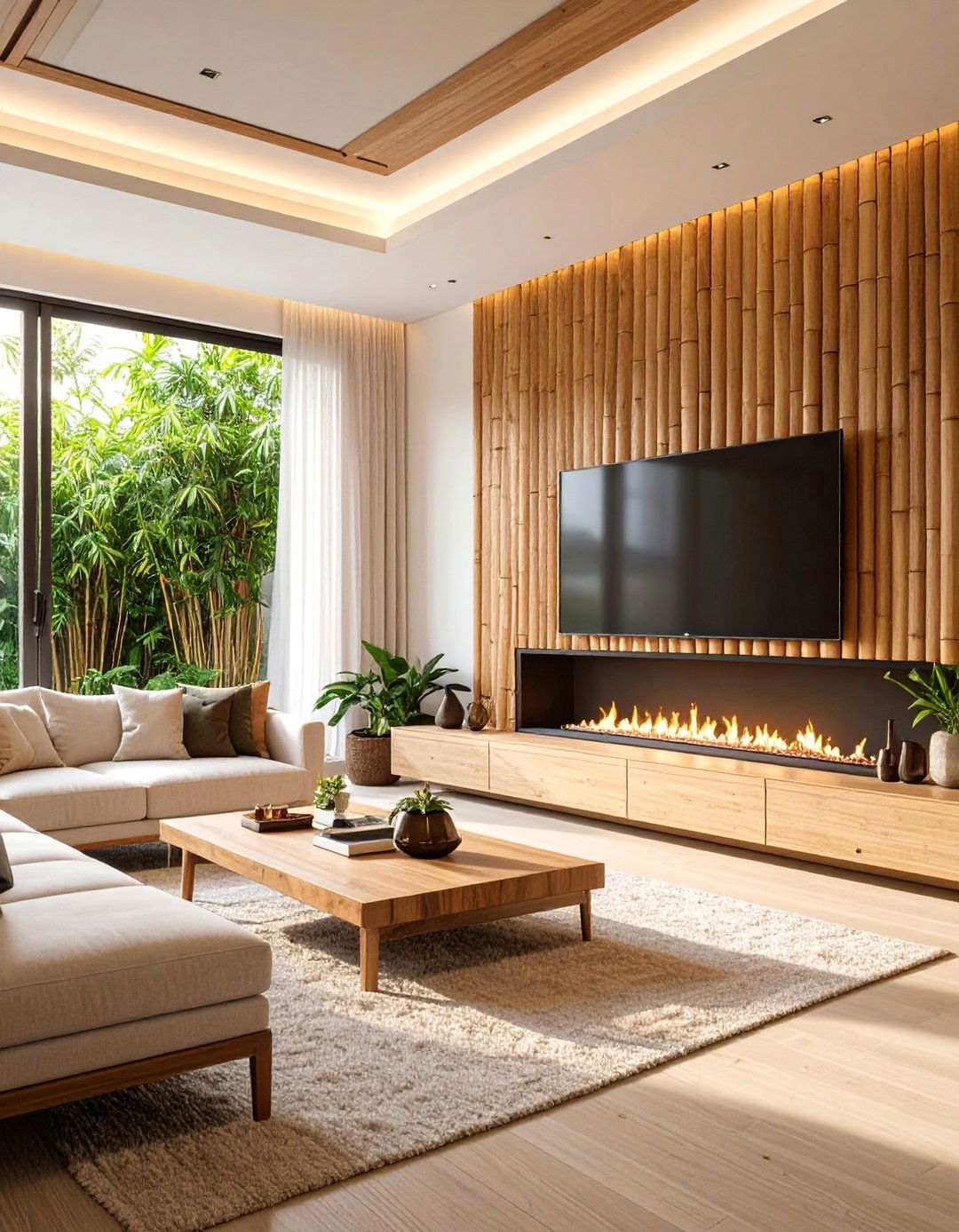 Tropical Linear Fireplace with Bamboo TV Feature Wall - 25 Linear Fireplace Ideas With Tv Above