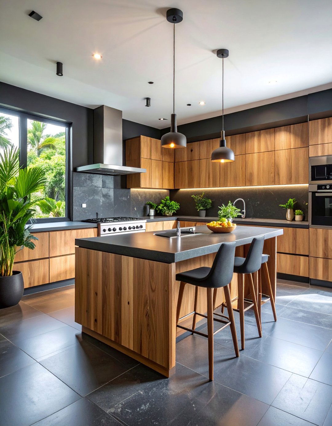 Tropical Modern with Black Lava Stone - 25 Black Floor Kitchen Ideas