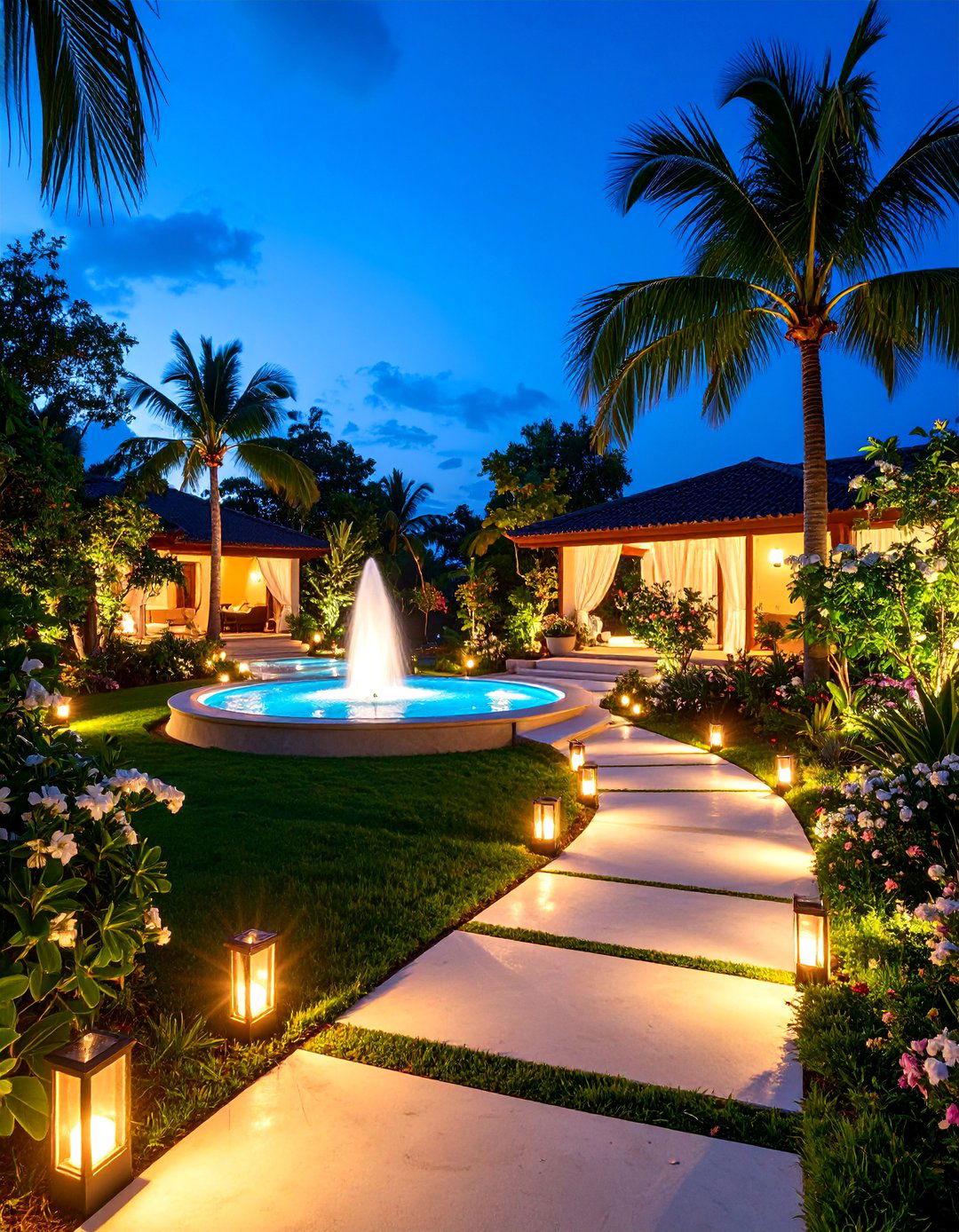 Tropical Night Garden with Illuminated Features - 25 Tropical Garden Ideas