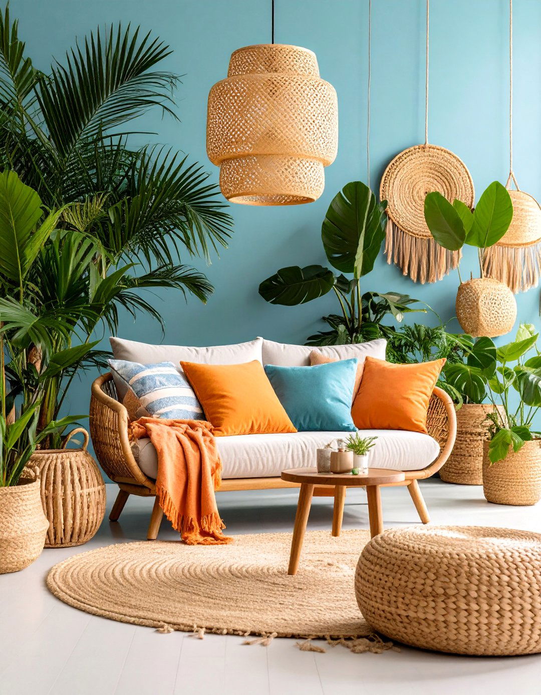 Tropical Orange Couch Living Room with Lush Greenery - 25 Orange Couch Living Room Ideas