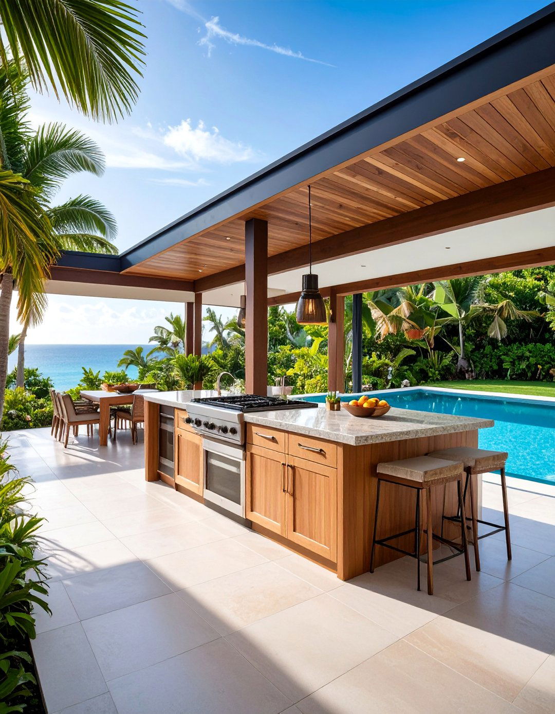 Tropical Outdoor Kitchen with Dining Pavilion - 25 Tropical Pool Landscaping Ideas