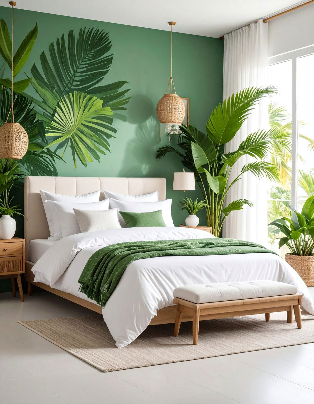 Tropical Palm Leaf Bedroom with Lush Green Elements - 25 Ocean-themed Bedroom Ideas