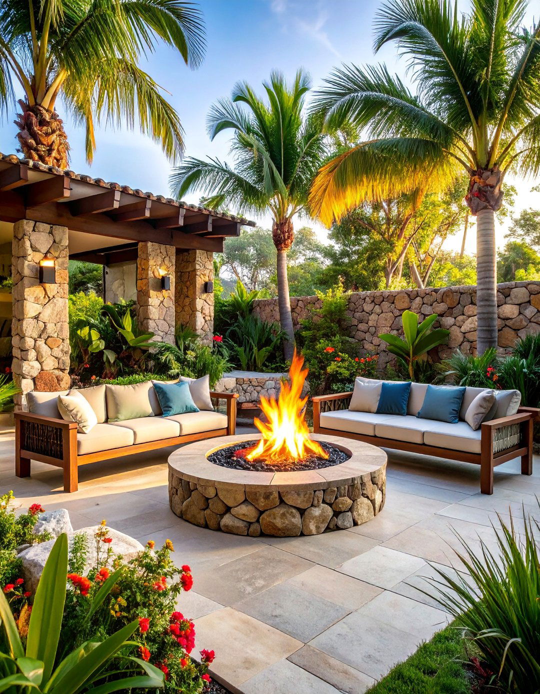 Tropical Paradise Fire Pit with Palm Trees and Tiki Elements - 25 Sunken Fire Pit Ideas