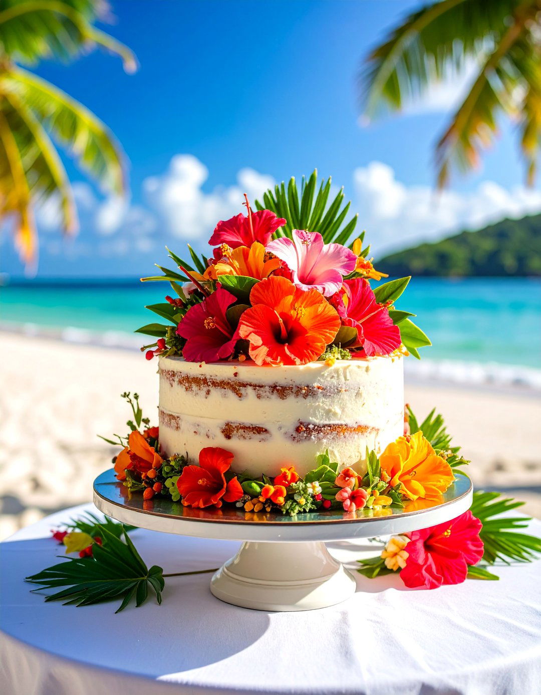 Tropical Paradise Naked Cake with Exotic Blooms - 25 Naked and Semi-naked Wedding Cake Ideas