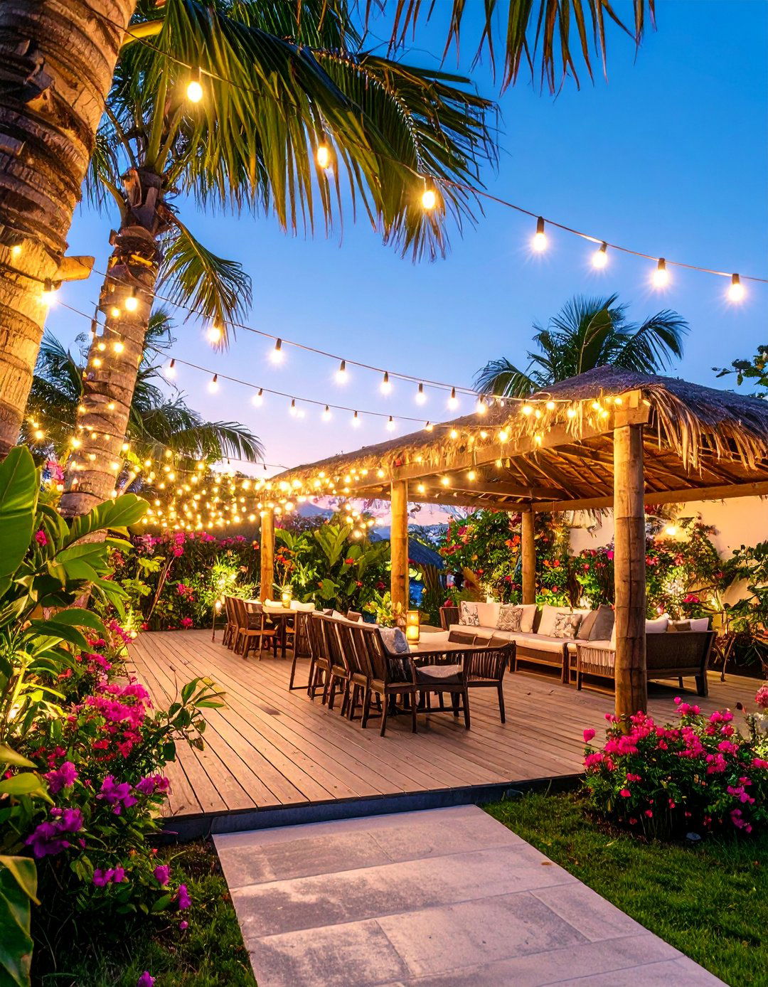 Tropical Paradise Patio with Palm Tree String Lights - 25 Patio String Light Ideas