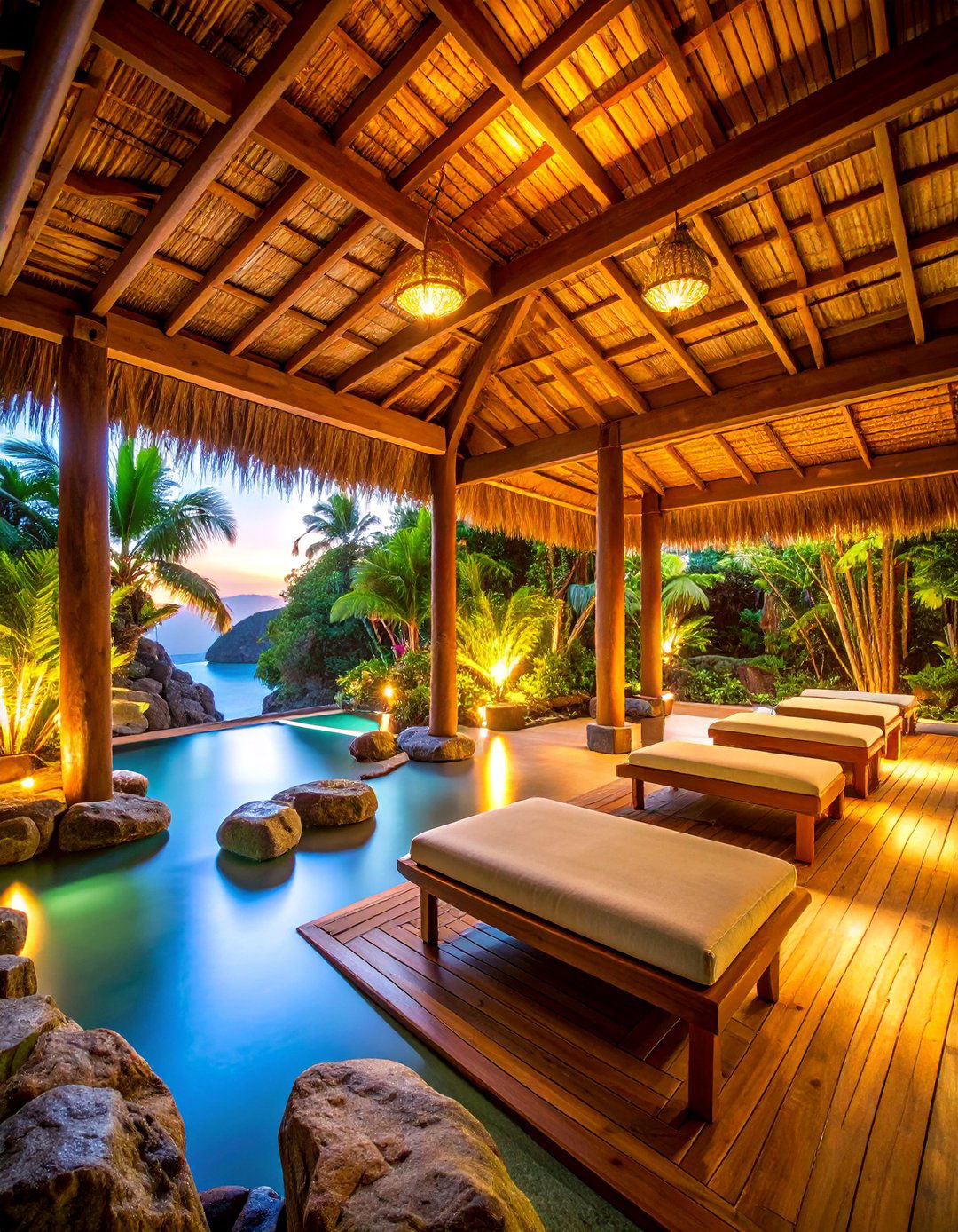Tropical Paradise Spa with Thatched Roof Elements - 25 Spa Decor Ideas