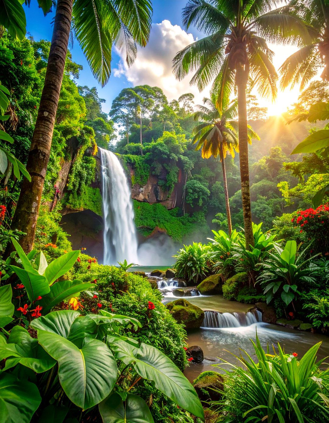 Tropical Paradise Waterfall with Exotic Plants - 25 Small Pond Ideas With Waterfalls