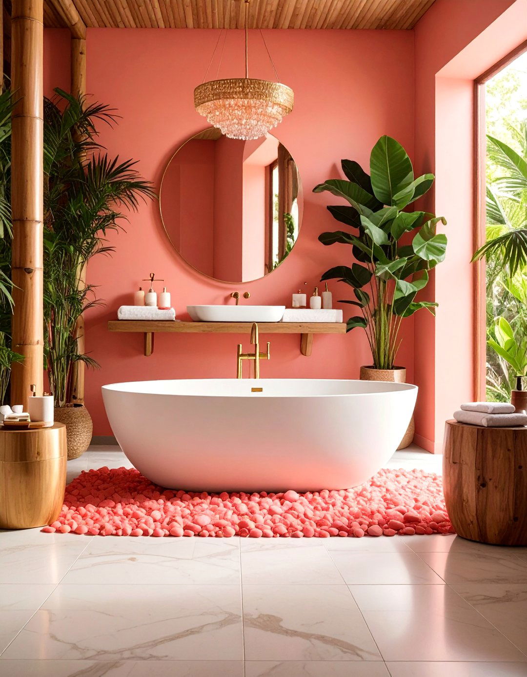 Tropical Paradise with Coral Pink Pebble Accents - 25 Pebble Tile Bathroom Ideas