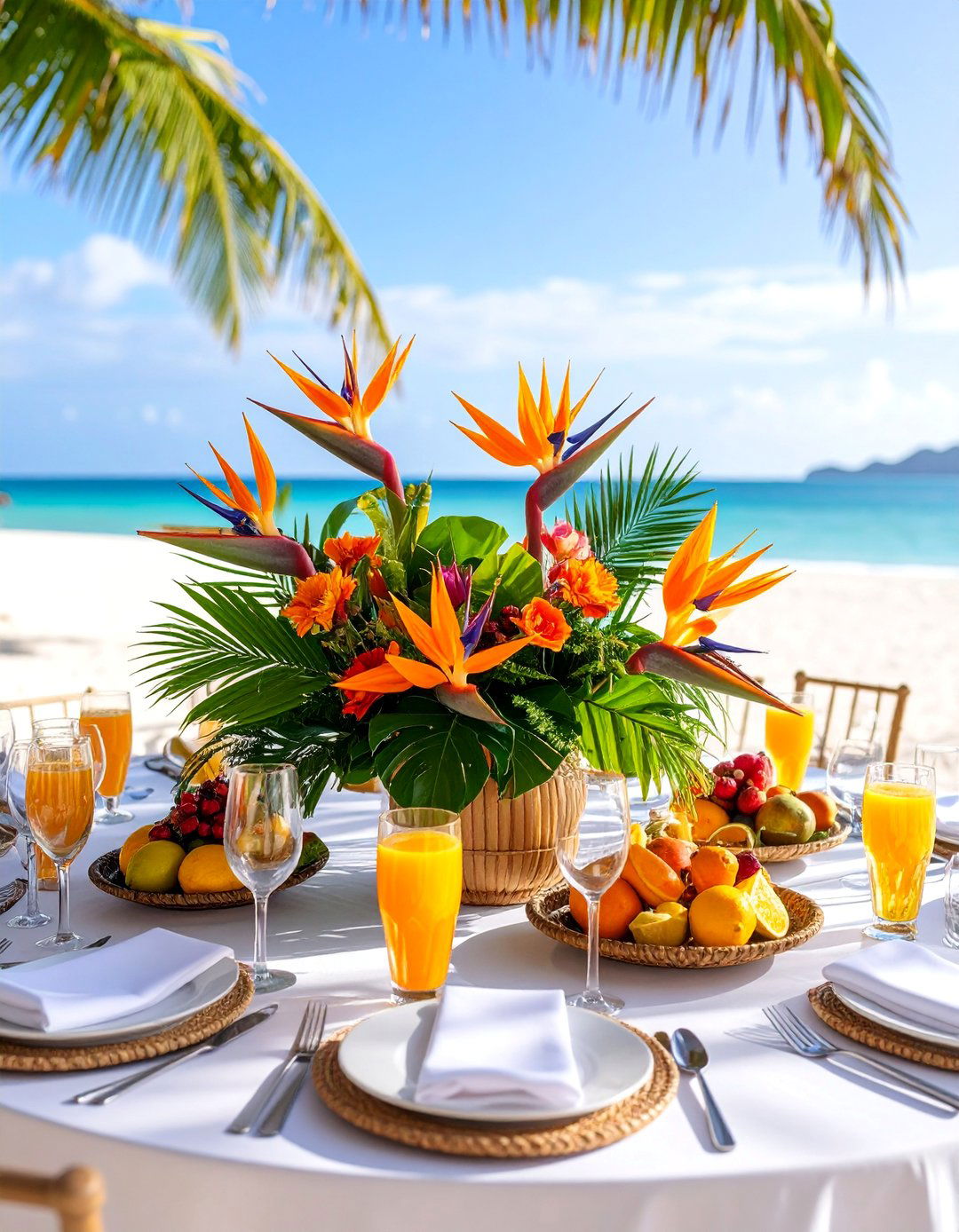 Tropical Paradise with Exotic Blooms and Palm Fronds - 25 Wedding Table Decoration Ideas