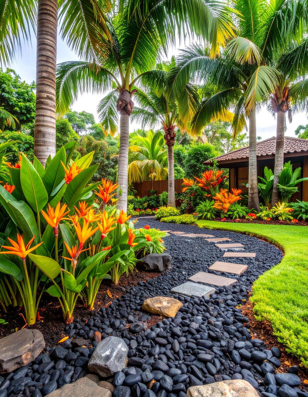 Tropical Paradise with Lava Rock Accents - 25 Front Yard Landscaping Ideas With Rocks and Mulch