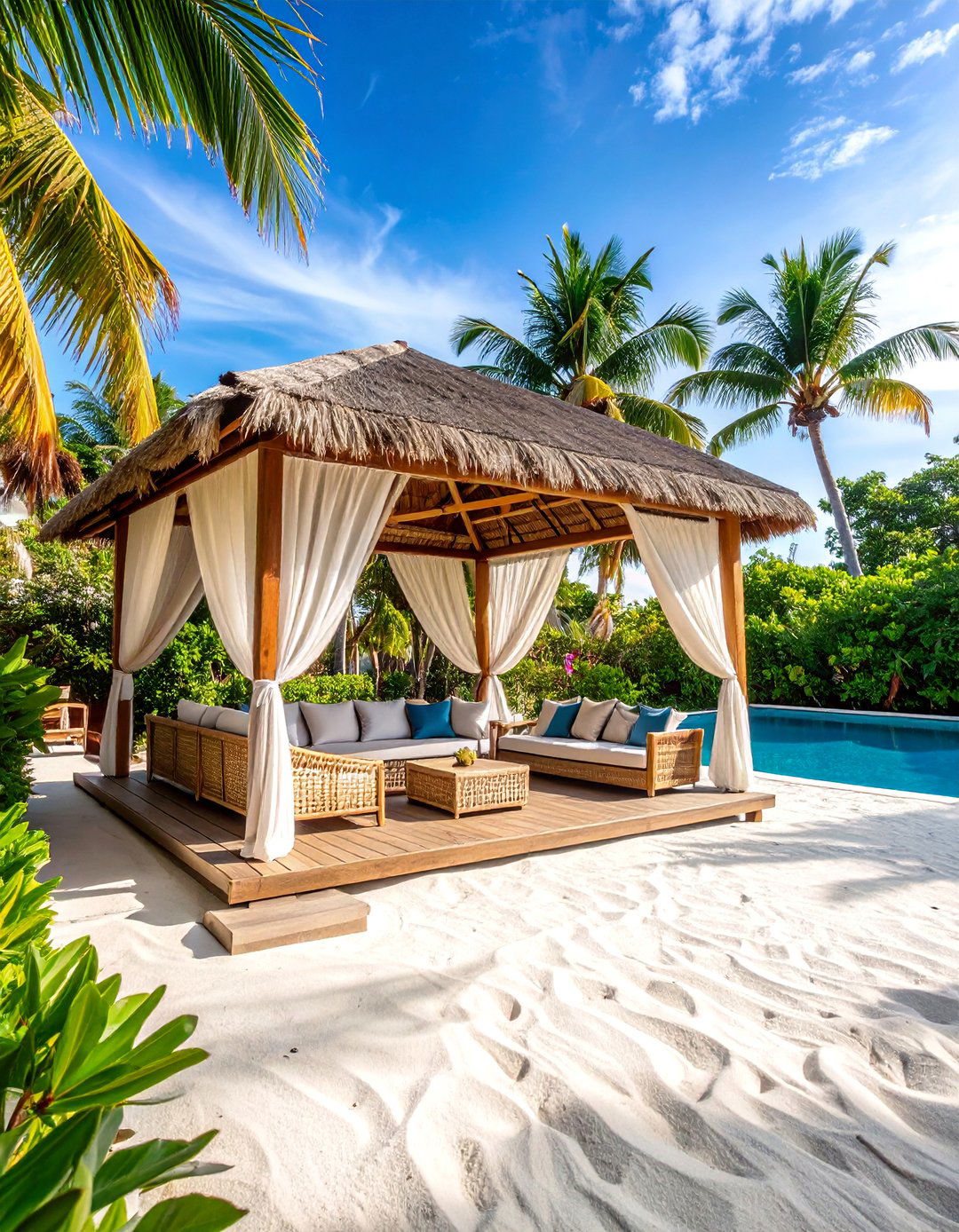 Tropical Poolside Cabana with White Sand Flooring - 25 Tropical Patio Ideas
