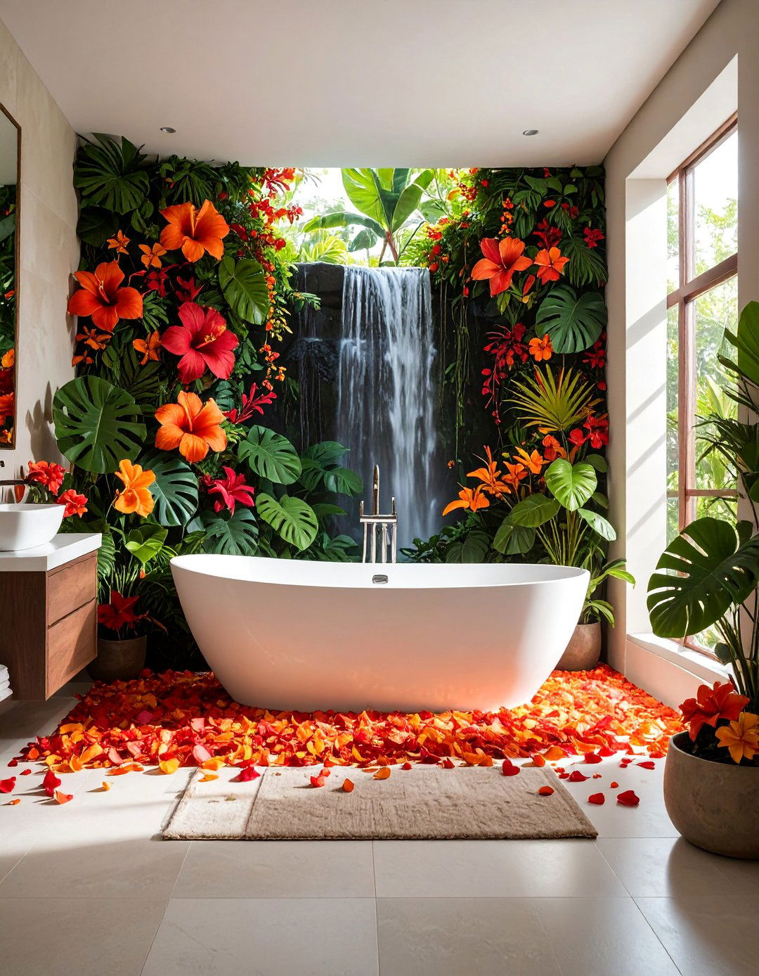 Tropical Rainforest Jungle with Lush Foliage - 25 Bathroom Mural Ideas
