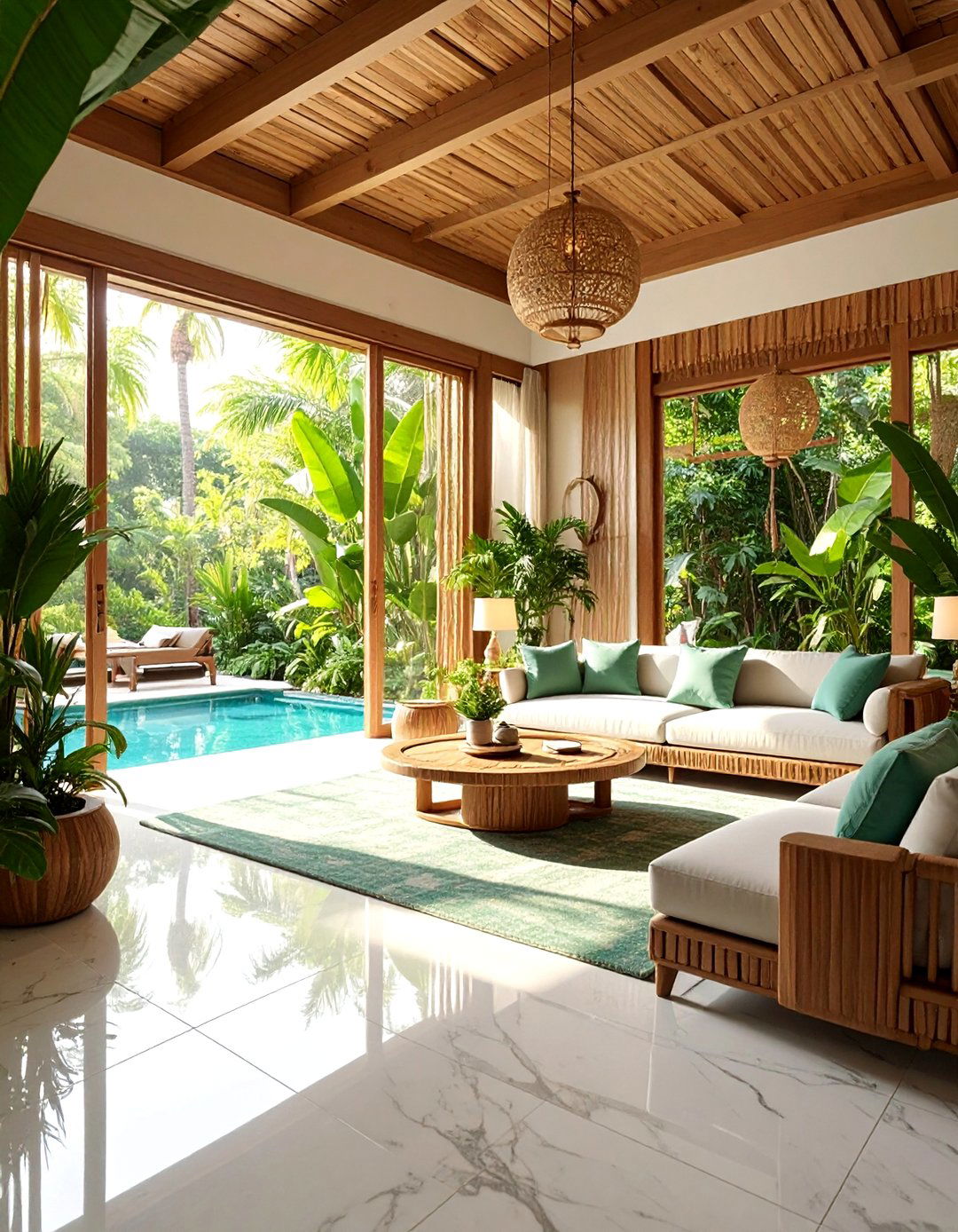 Tropical Resort Marble Floor Living Room with Indoor Water Feature - 25 Marble Floor Living Room Ideas
